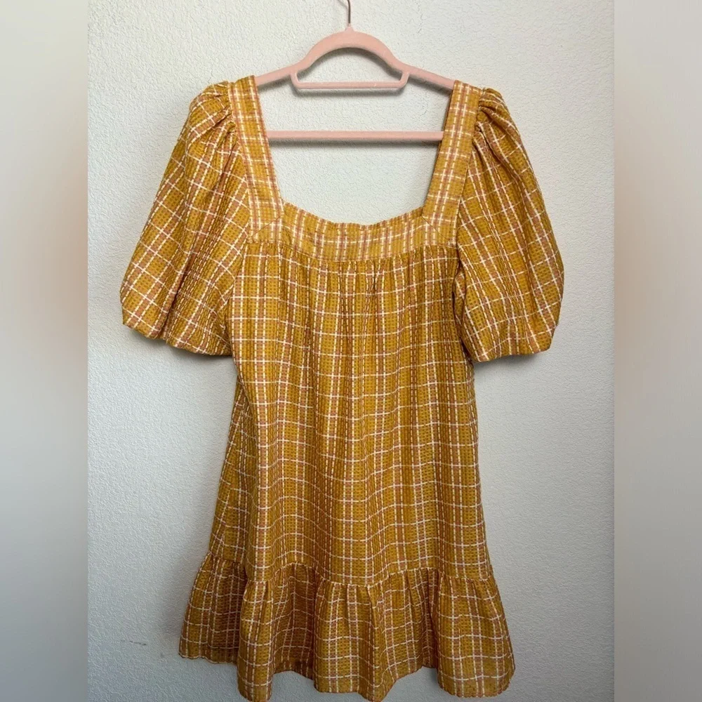 Marie Oliver Silk Blend Puff Sleeve Kaylee Dress in Desert Orange Plaid S